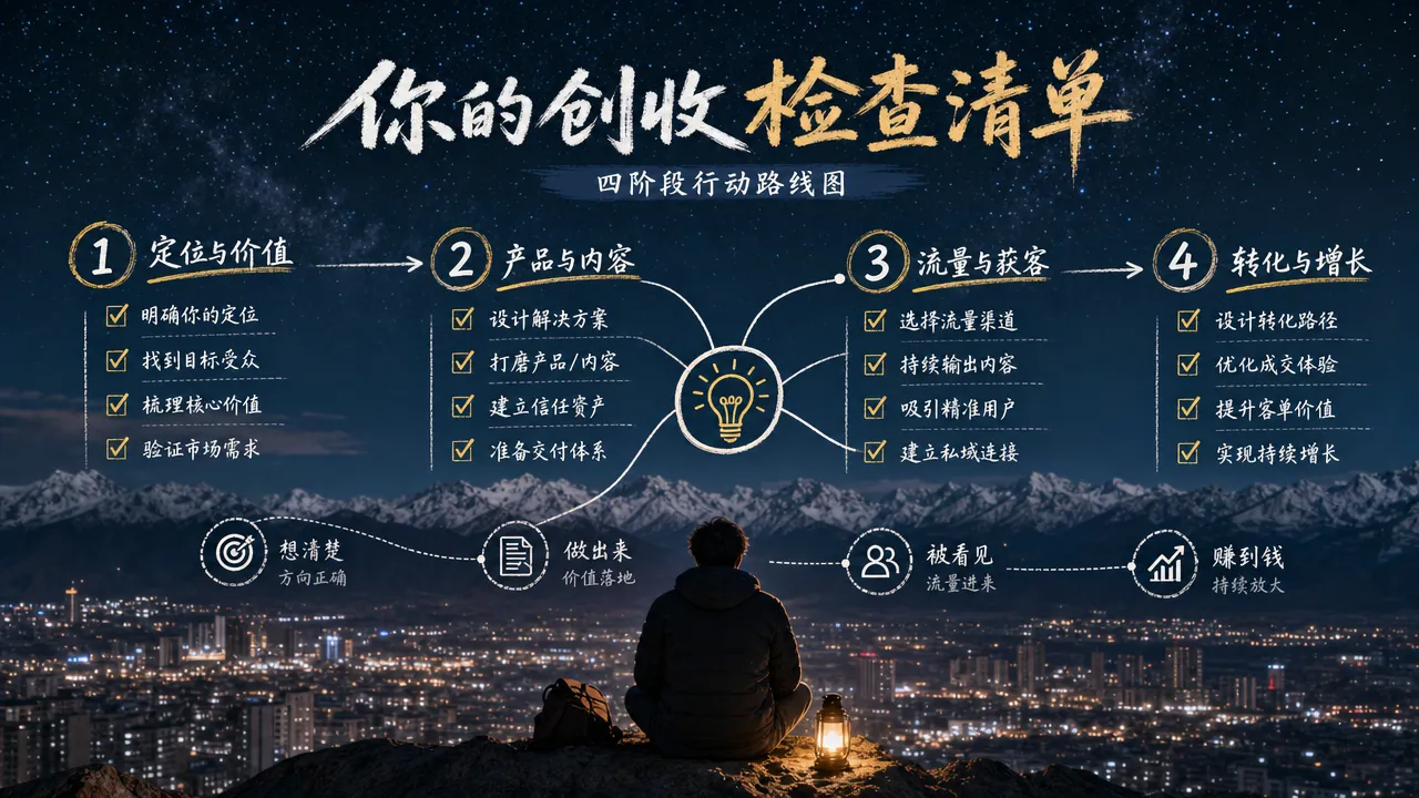 创收检查清单四阶段路线图:验证阶段、搭建阶段、启动阶段、扩展阶段四个阶段依次递进,每个阶段标注关键行动项