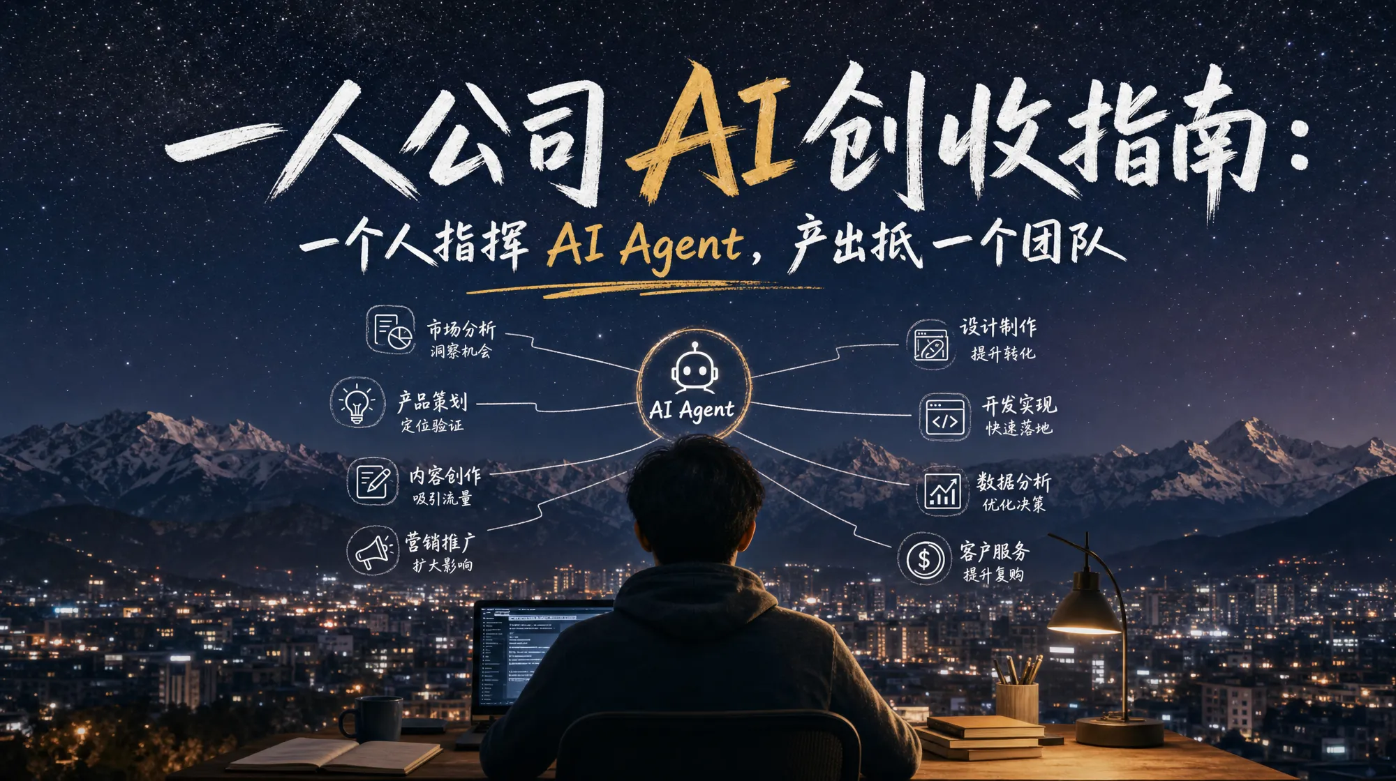 一人公司 AI 创收指南封面：一个人站在星空城市中心，周围环绕多个 AI Agent 节点形成辐射网络，传达一个人指挥 Agent 团队高效运转的一人公司创收全景