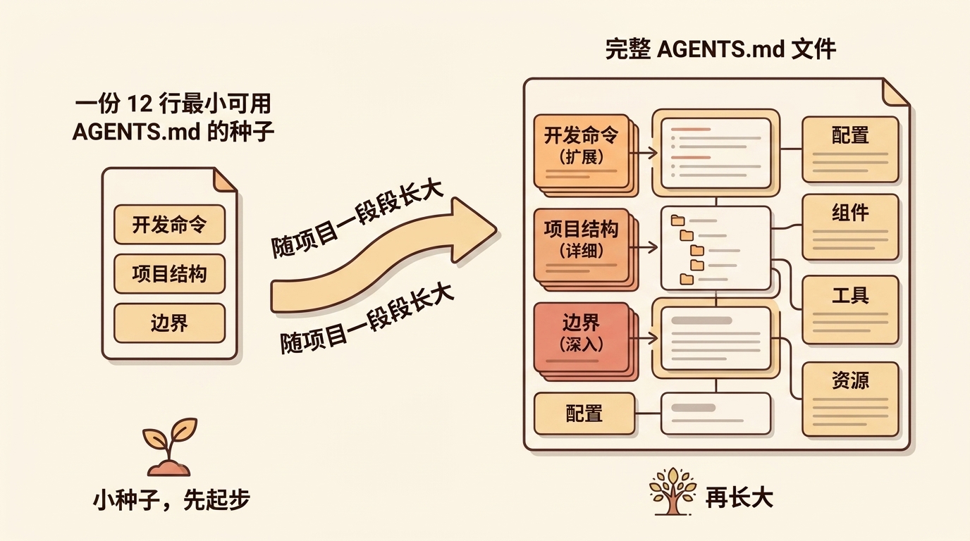 一份 12 行最小可用 AGENTS.md 种子随项目逐段扩展为含开发命令、项目结构、边界、配置的完整指令文件示意图