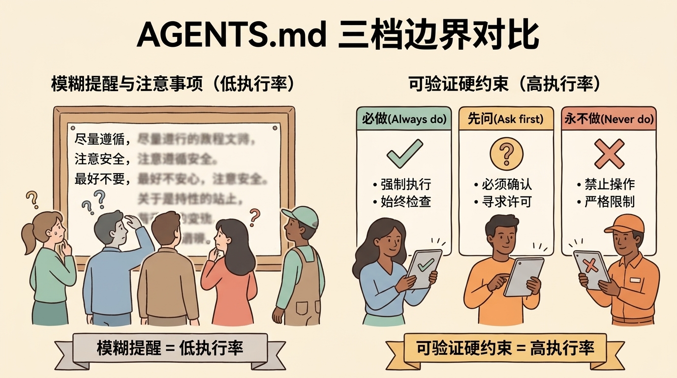 AGENTS.md 边界三档对比:模糊提醒导致 AI 低执行率,必做先问永不做的可验证硬约束让 AI 高执行率