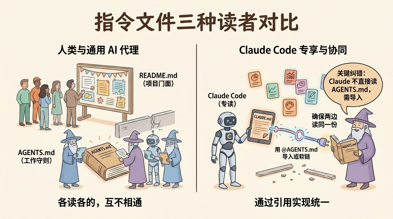 README.md AGENTS.md CLAUDE.md 三种指令文件三种读者对比:Claude Code 不读 AGENTS.md,用 @AGENTS.md 导入或软链让两边读同一份