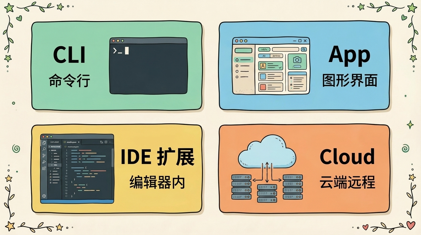 Codex 四个入口一句话对比四宫格:CLI 命令行、App 图形界面、IDE 扩展编辑器内、Cloud 云端远程
