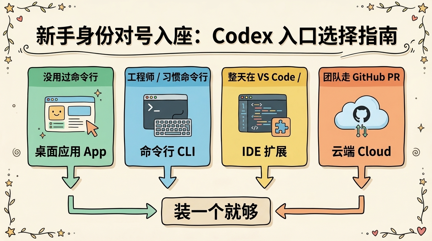 Codex 四类新手身份对号入座决策图:没用过命令行选 App、工程师选 CLI、IDE 重度选 IDE 扩展、团队 PR 加 Cloud