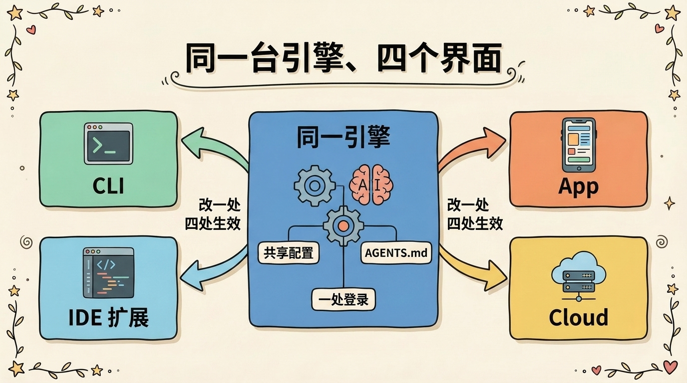 Codex 四个入口共用一台引擎示意图:中央共享引擎与配置,CLI、App、IDE、Cloud 四入口共享同一份配置