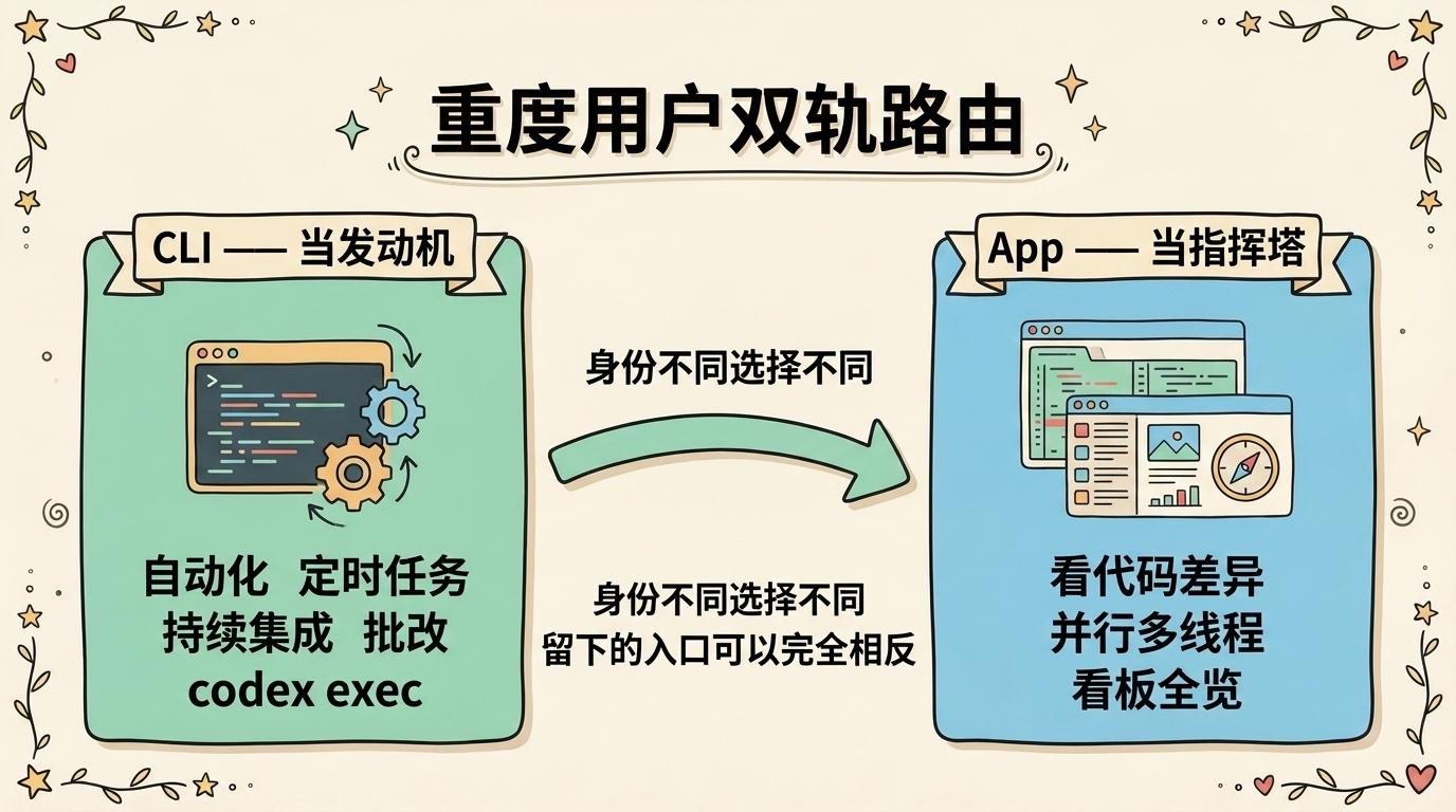 翔宇 Codex 双轨路由对比图:CLI 当发动机跑自动化、App 当指挥塔看差异与并行