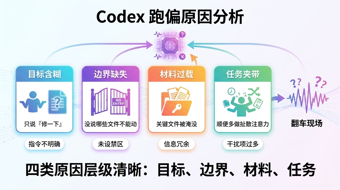 Codex 跑偏的四个原因拆解图:目标含糊、边界缺失、材料过载、任务夹带四类原因并列,分别对应只说修一下、没说哪些文件不能动、关键文件被淹没、顺便多做扯散注意力