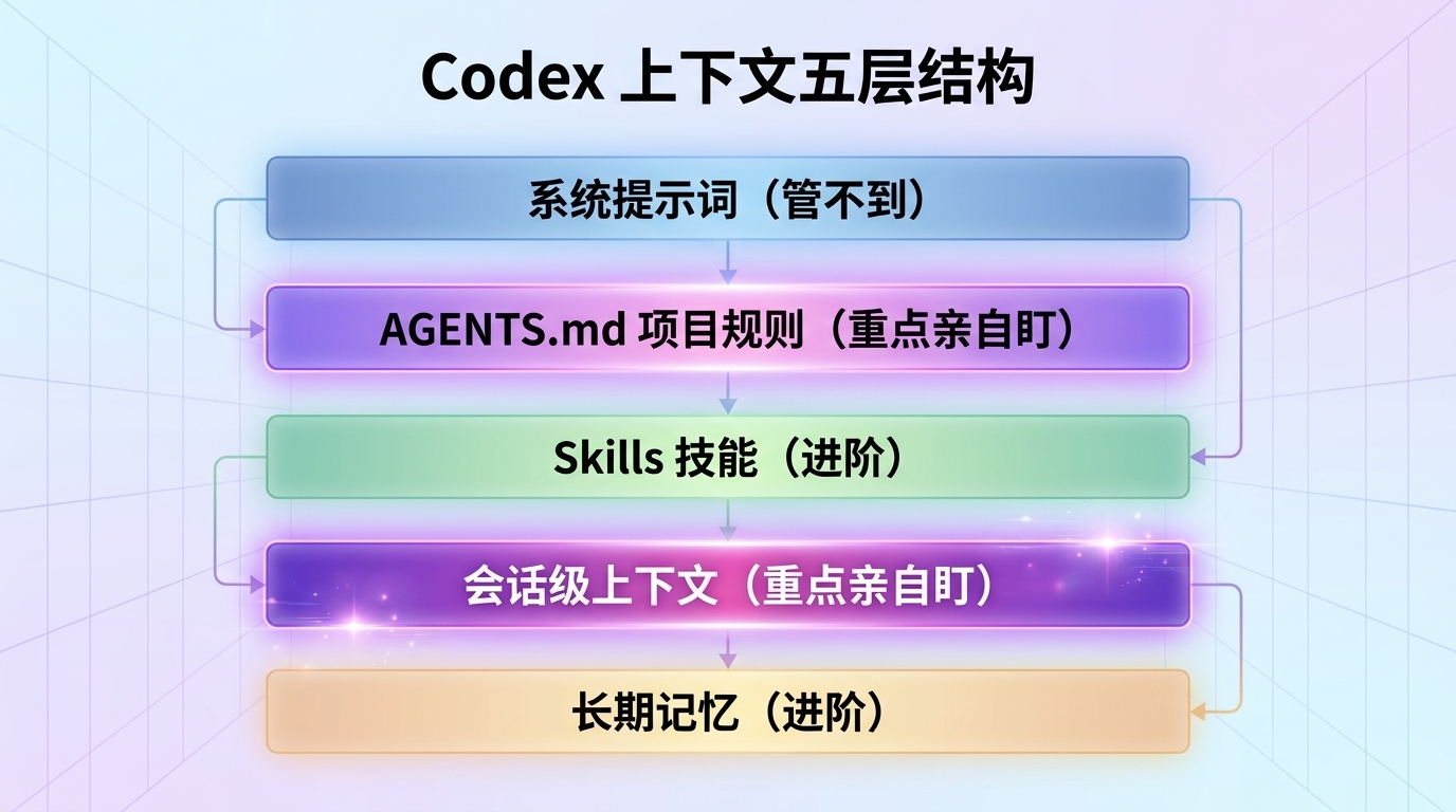 Codex 上下文五层结构图:从稳定到临时依次为系统提示词、AGENTS.md 项目规则、Skills 技能、会话级上下文、长期记忆,其中 AGENTS.md 与会话级上下文两层高亮标注为新手要亲自盯紧的重点