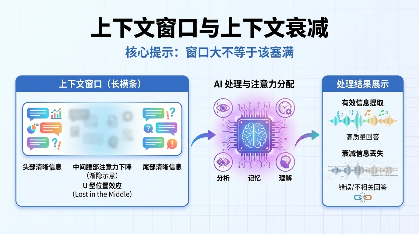 上下文窗口与上下文衰减示意图:窗口长条里头部和尾部信息清晰、中间腰部注意力下降渐隐,标注 U 型位置效应(Lost in the Middle),核心提示窗口大不等于该塞满