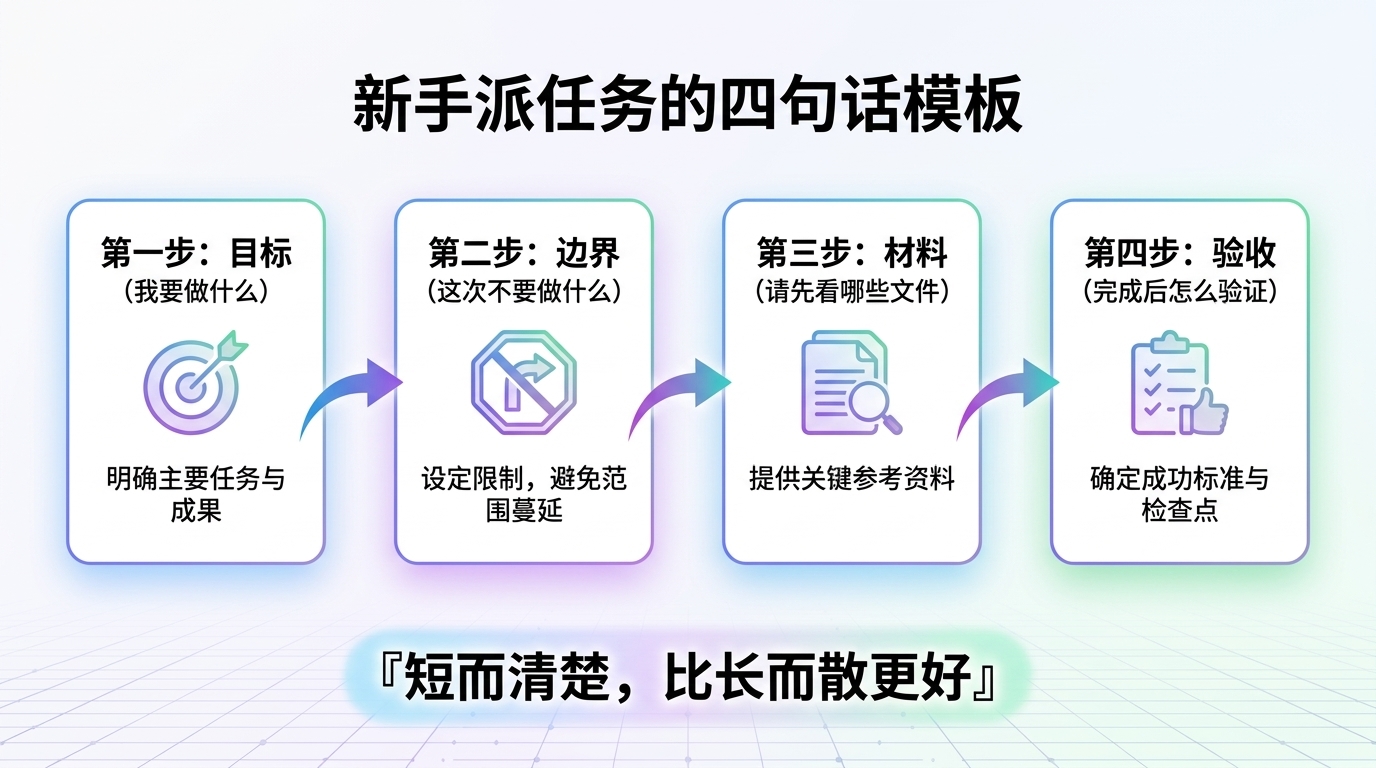 新手给 Codex 派任务的四句话模板流程图:第一步目标(我要做什么)、第二步边界(这次不要做什么)、第三步材料(请先看哪些文件)、第四步验收(完成后怎么验证),底部点出短而清楚比长而散更好