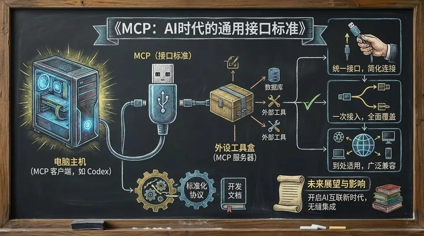 OpenAI Codex 作为 MCP 客户端通过模型上下文协议这个统一接口接入查文档、连数据库等外部工具盒的 USB-C 接口比喻示意图