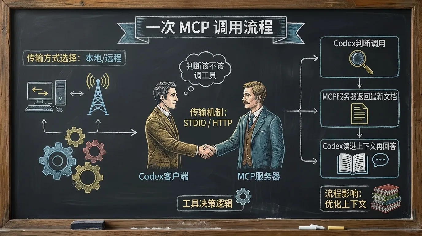 一次 MCP 调用流程:Codex 客户端判断该不该调工具,经 STDIO 本地或 HTTP 远程传输方式向 MCP 服务器发请求并取回最新文档再读进上下文回答的角色分工示意图