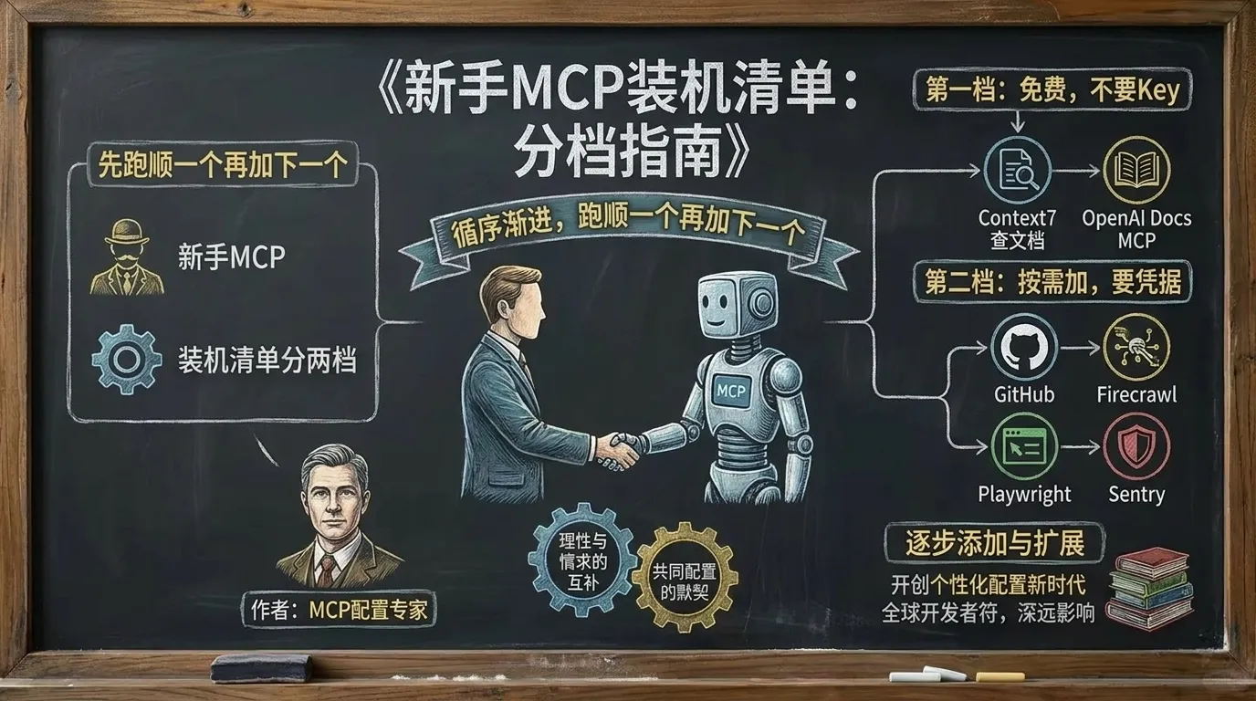 OpenAI Codex 新手 MCP 服务器装机清单分两档示意图:第一档免费不要 Key 的 Context7 与 OpenAI Docs MCP,第二档按需加要凭据的 GitHub、Firecrawl、Playwright、Sentry,先跑顺一个再加下一个