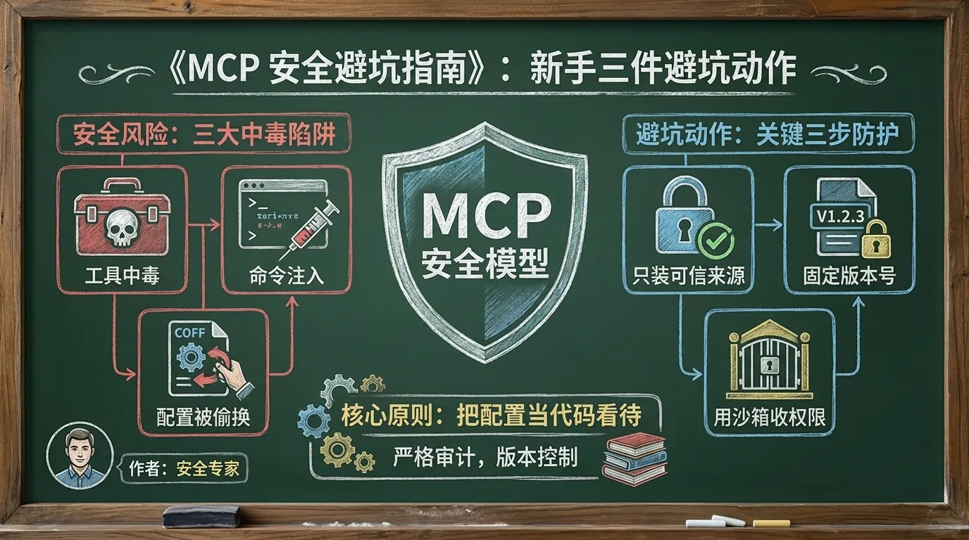 Codex 接 MCP 服务器的三类安全风险(工具中毒、命令注入、配置被偷换)与新手三件避坑动作(只装可信来源、固定版本号、用沙箱收权限)对照示意图,核心是把 MCP 配置当代码看待
