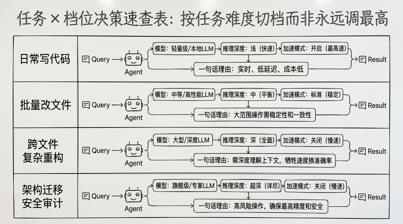 OpenAI Codex 任务×档位决策速查表：日常写代码、批量改文件、跨文件复杂重构、架构迁移安全审计等任务分别对应的模型、推理深度与加速模式选型