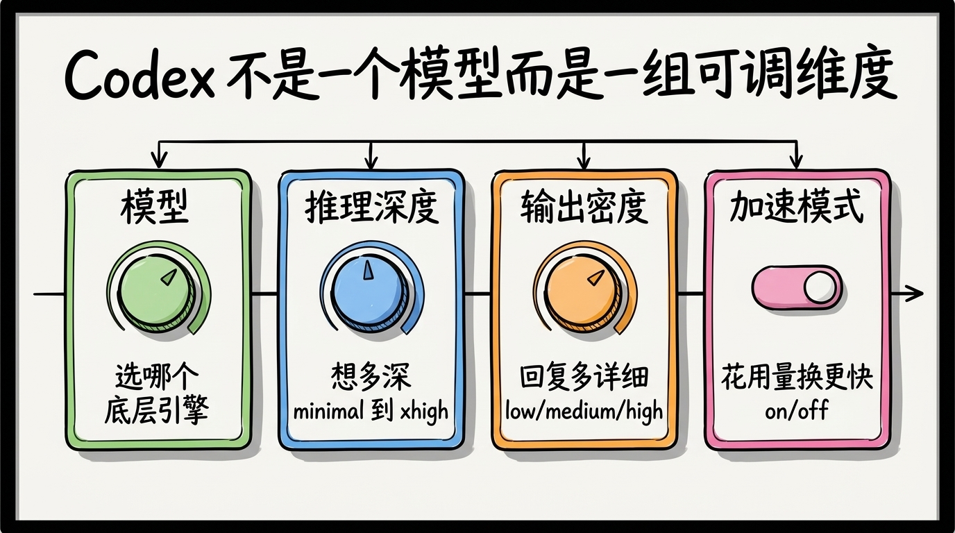 Codex 的四个独立旋钮：模型、推理深度、输出密度、加速模式各管一件事，可自由组合，说明 Codex 不是单一模型而是一组可调维度