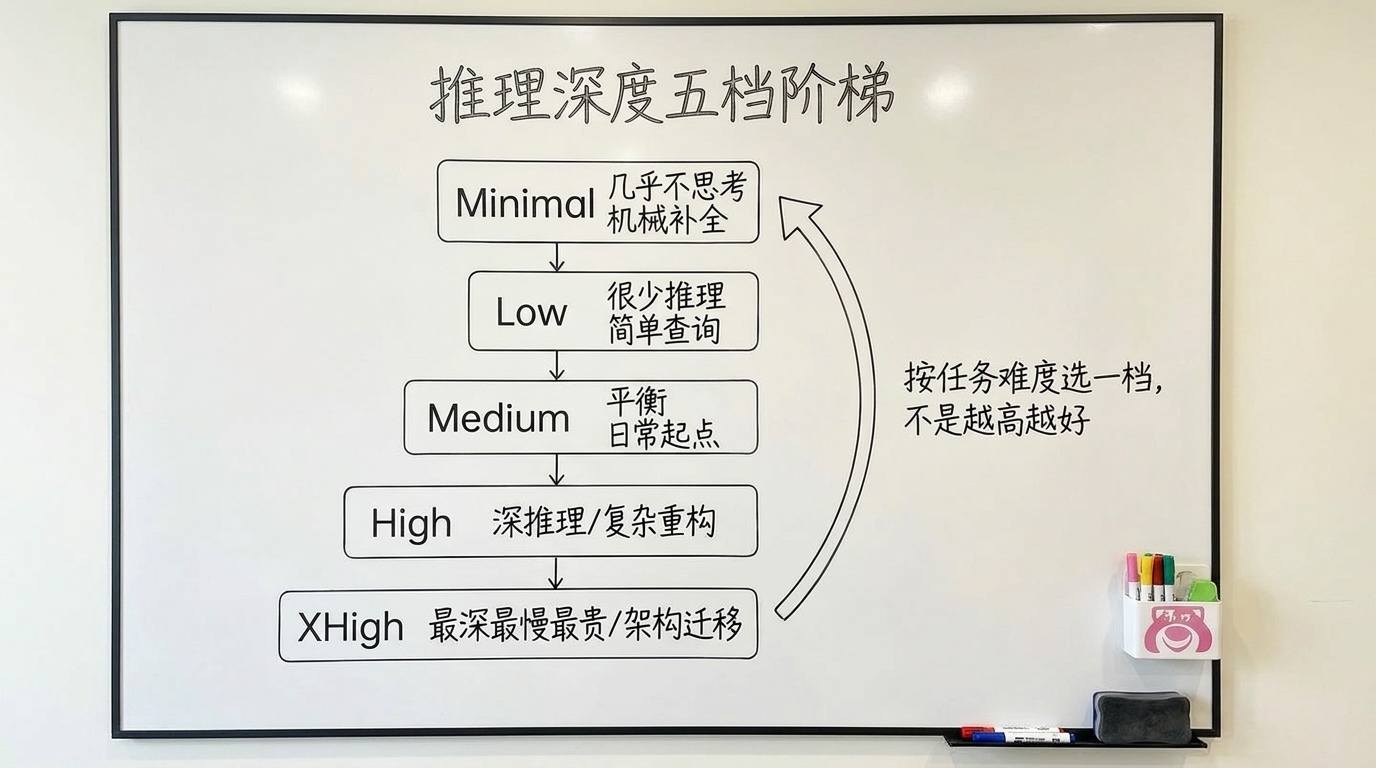 Codex 推理深度五档阶梯：从 minimal 几乎不思考到 xhigh 最深最慢，逐级对应机械补全、简单查询、日常编程、复杂重构、架构迁移，按任务难度选一档而非越高越好