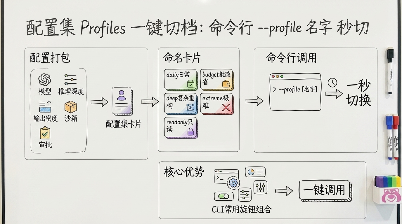 Codex 配置集 Profiles 一键切档流程：把模型、推理深度、输出密度、沙箱、审批打包成 daily、budget、deep、extreme、readonly 等命名卡片，命令行用 --profile 名字 一秒切换