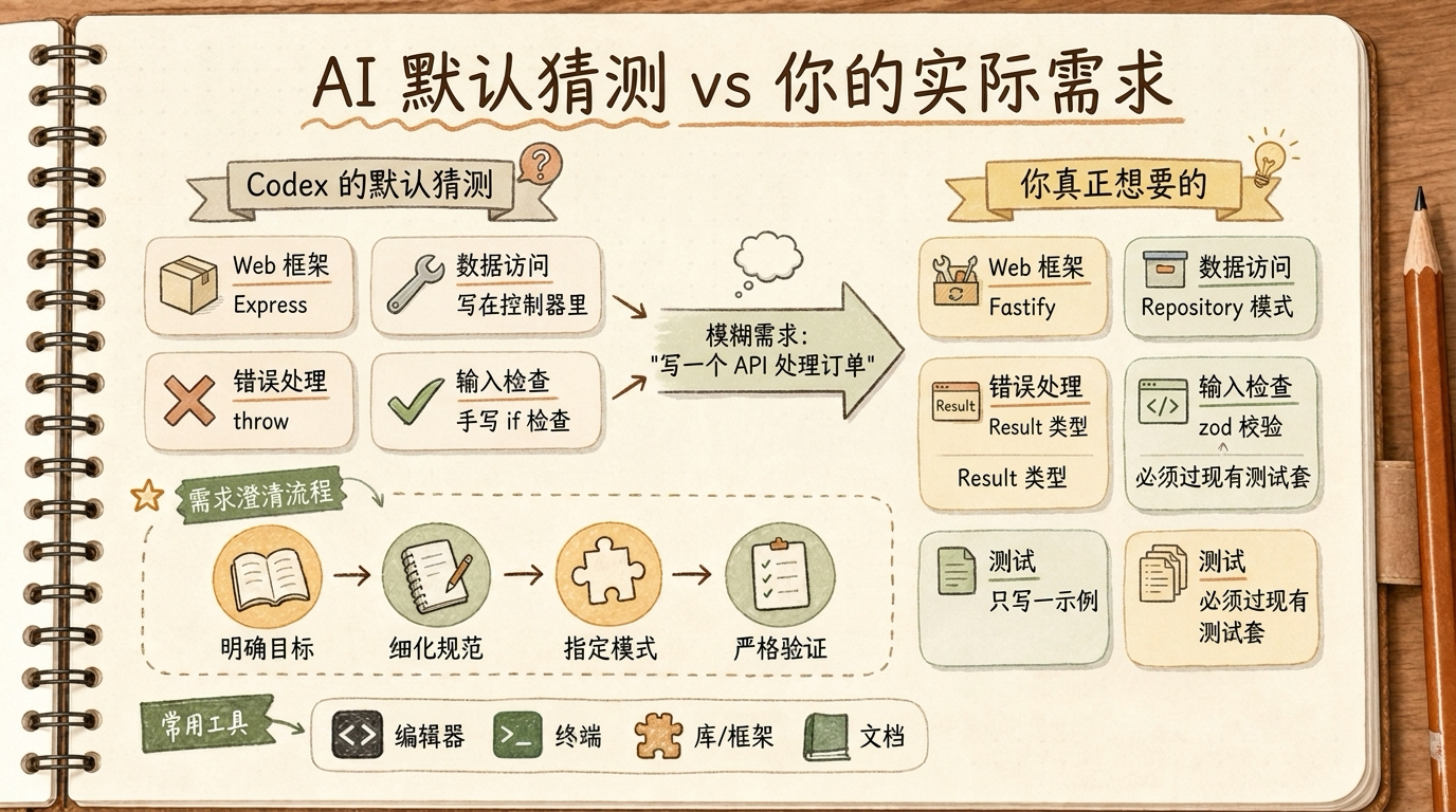 手绘对比图:一句模糊需求下方列出 Codex 的五项默认猜测,与开发者真实期望并排对照
