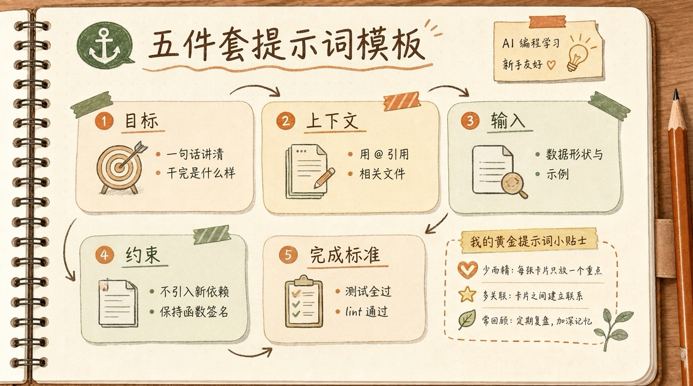 手绘笔记卡片:五件套提示词模板的五个字段 Goal、Context、Inputs、Constraints、Done When 依次排列