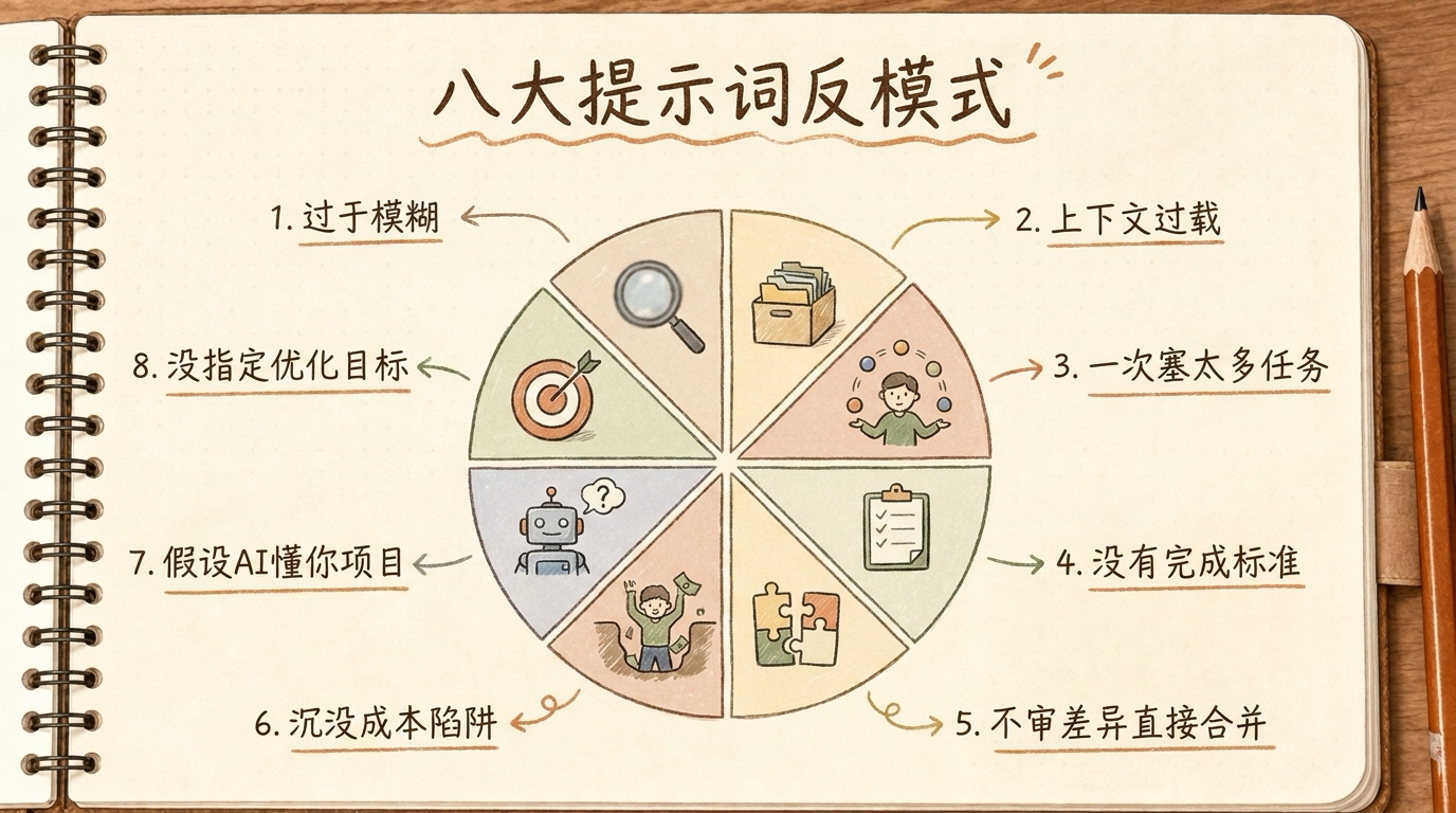手绘速查盘:新手提示词八大反模式各占一格,配简短标签