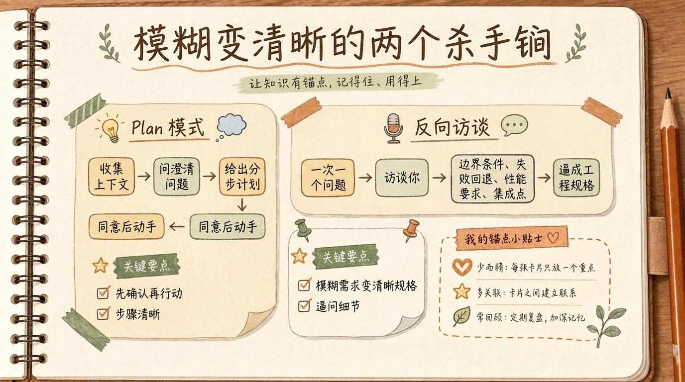 手绘双栏图:左侧 Plan 模式让 Codex 先规划再动手,右侧反向访谈让 Codex 反过来逐一提问