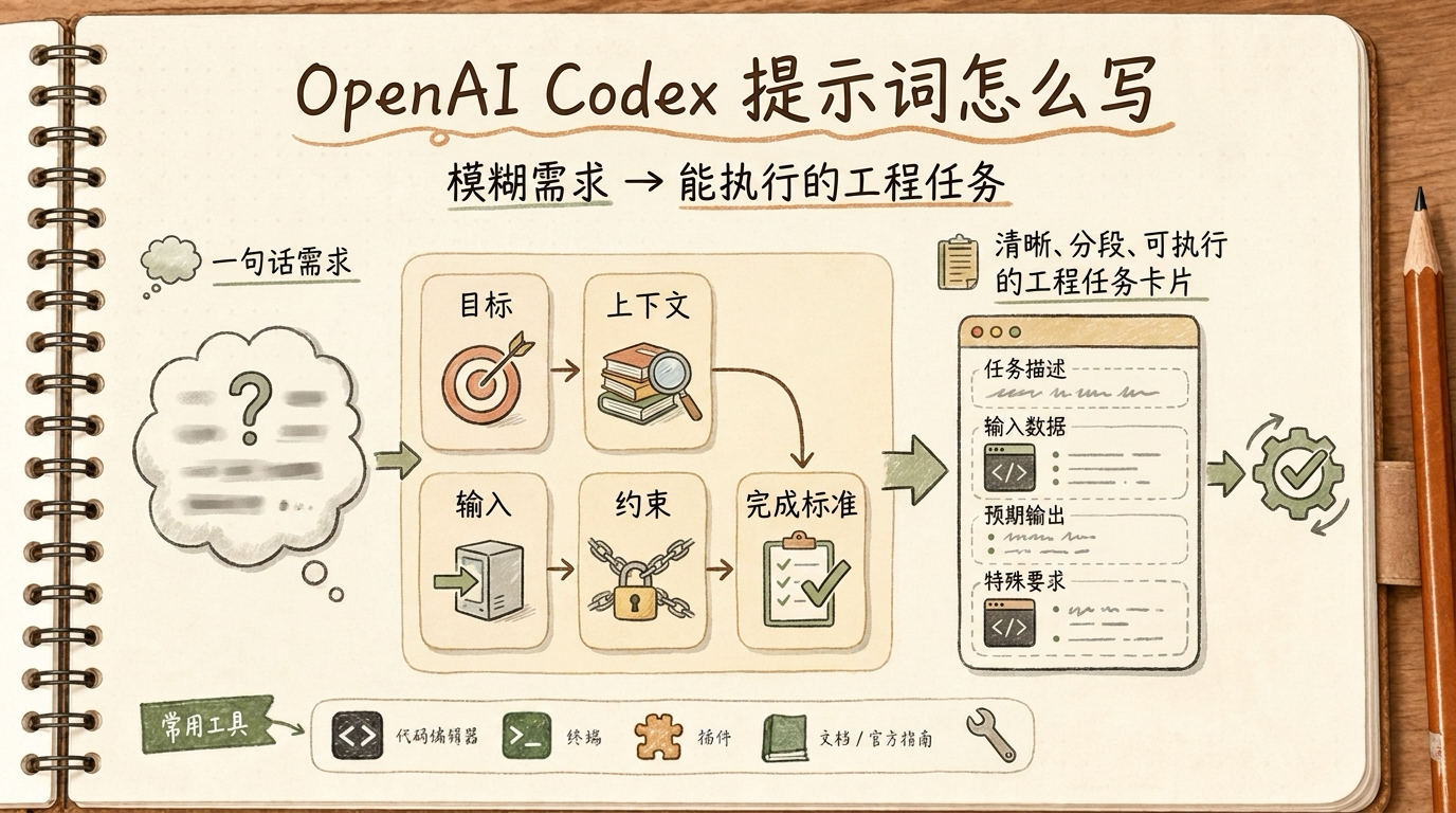 OpenAI Codex 提示词怎么写新手指南：从模糊需求到能执行工程任务的五件套结构图