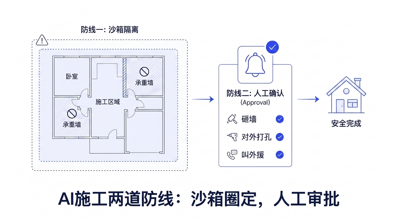 用装修施工比喻讲清 OpenAI Codex 沙箱与审批两道防线:左侧警戒线圈出施工区域代表沙箱圈定 AI 能动工的范围,右侧门铃清单代表审批,砸墙、对外打孔、叫外援等高风险动作要先喊你签字确认