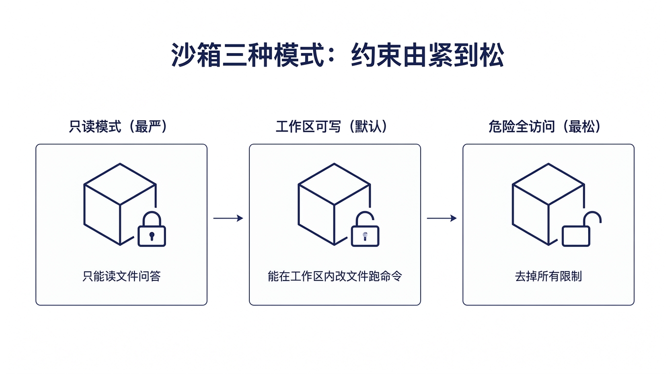 OpenAI Codex 沙箱三种模式约束由紧到松对比:read-only 只读模式最严只能读文件问答,workspace-write 工作区可写是默认能在工作区内改文件跑命令,danger-full-access 危险全访问最松去掉所有限制