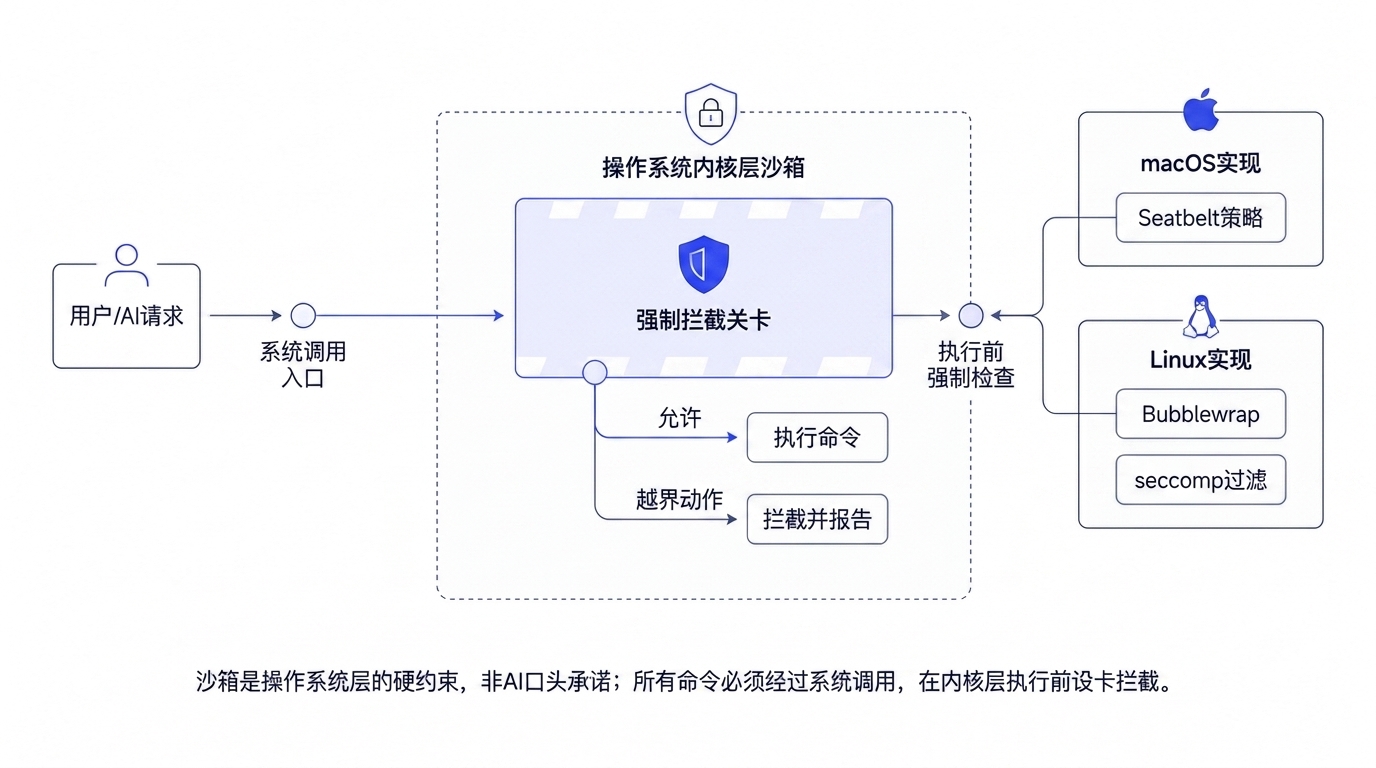 OpenAI Codex 沙箱是操作系统内核层硬约束示意图:用户或 AI 请求经系统调用入口进入强制拦截关卡,允许的动作执行命令、越界动作拦截并报告,macOS 用 Seatbelt 策略、Linux 用 Bubblewrap 加 seccomp 系统调用过滤实现