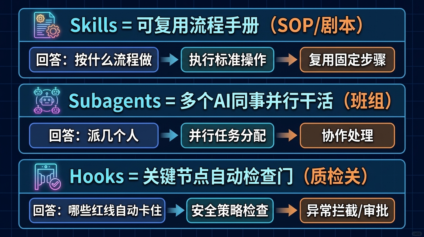 OpenAI Codex Skills、Subagents、Hooks 三者分工对照图：Skills 是可复用流程手册回答按什么流程做，Subagents 是多个 AI 并行干活的班组回答派几个人，Hooks 是关键节点自动检查门回答哪些红线必须卡住