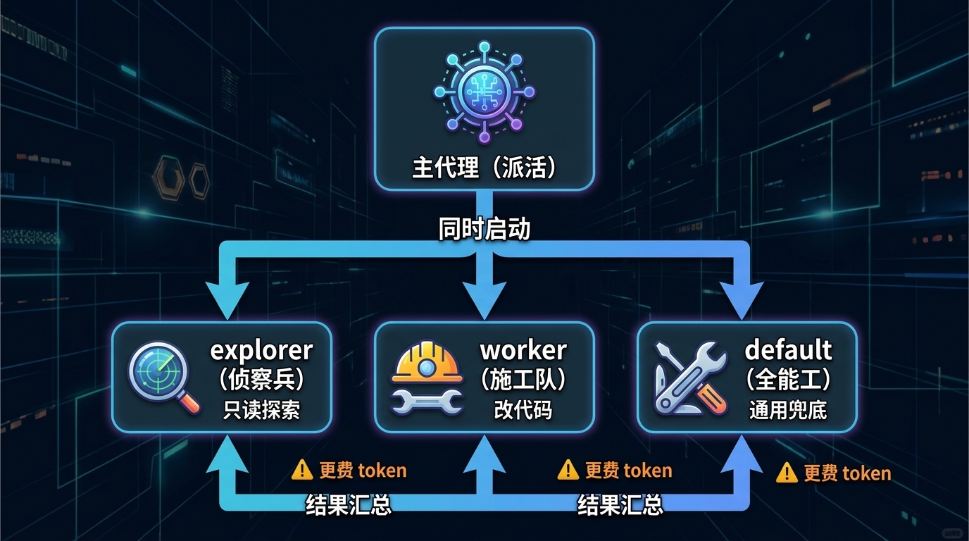 Codex Subagents 多代理并行执行架构图：主代理派活后同时启动 explorer 侦察兵只读探索、worker 施工队改代码、default 全能工通用兜底三个子代理，结果汇总回主代理，并标注子代理工作流更费 token