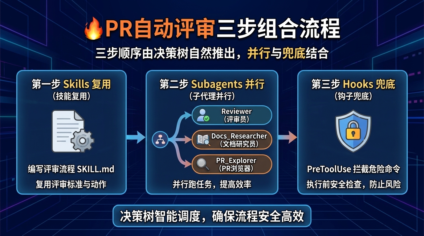 PR 自动评审三件套组合流程图：第一步用 Skills 把评审流程写成 SKILL.md 复用，第二步用 Subagents 拆成 reviewer、docs_researcher、pr_explorer 三个子代理并行跑，第三步用 PreToolUse Hook 拦截危险命令兜底，三步顺序由决策树自然推出