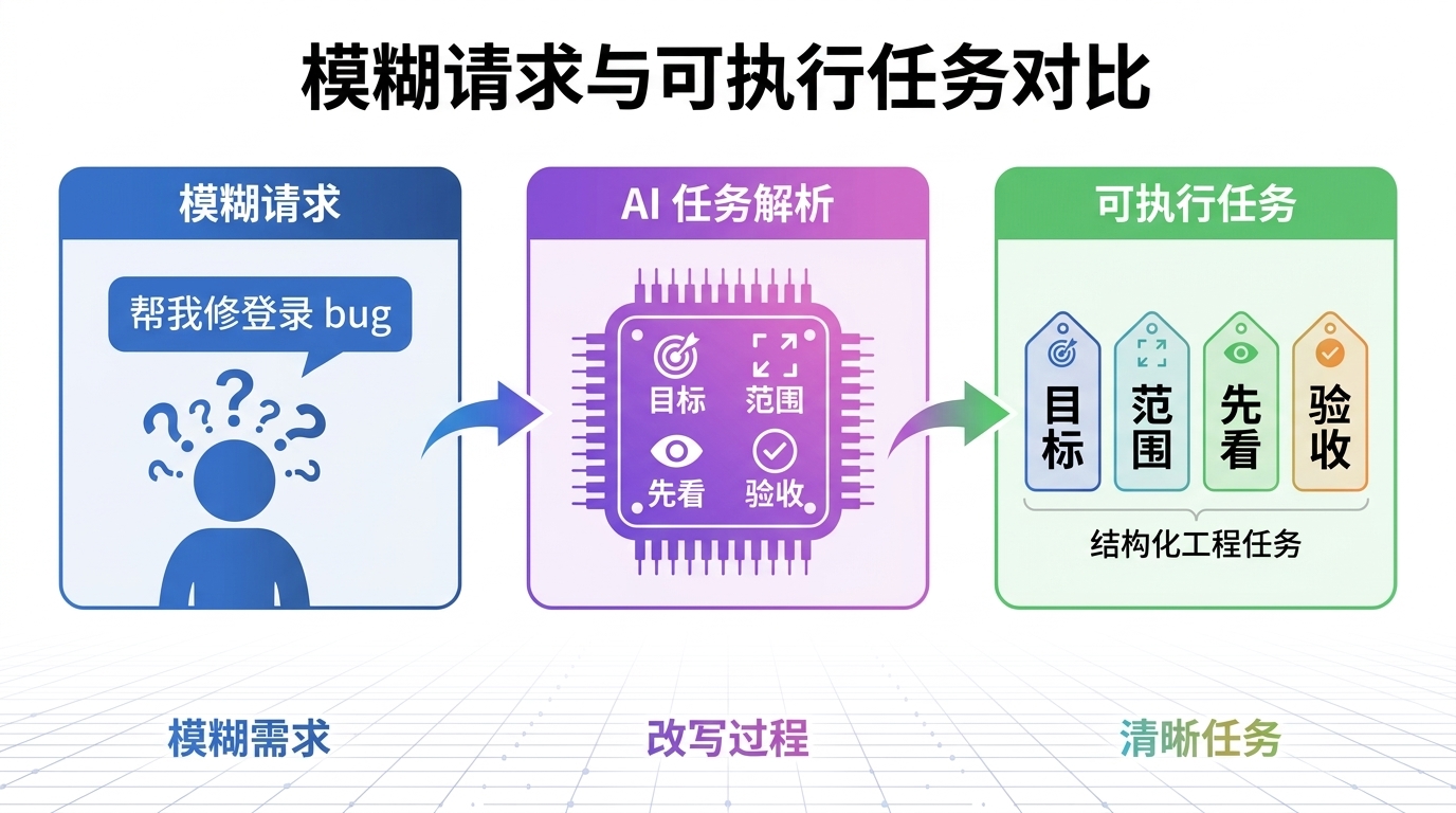 模糊请求与可执行任务的对比:左侧一句「帮我修登录 bug」让 Codex 一头雾水,右侧用目标、范围、先看、验收四件套把任务写到不用猜
