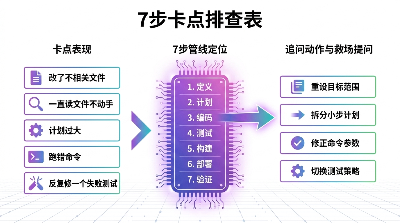 7 步卡点排查表对照:左列改了不相关文件、一直读文件不动手等卡点表现,右列对应该追问 Codex 的问题,帮你定位它卡在哪一步