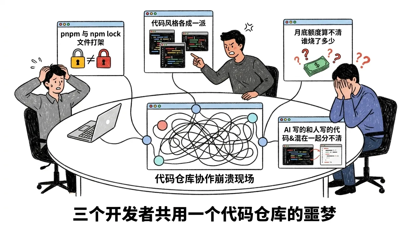 三个开发者共用一个代码仓库的协作崩溃现场:pnpm 与 npm 的 lock 文件来回打架、代码风格各成一派、月底额度算不清谁烧了多少、AI 写的和人写的代码混在一起分不清重点