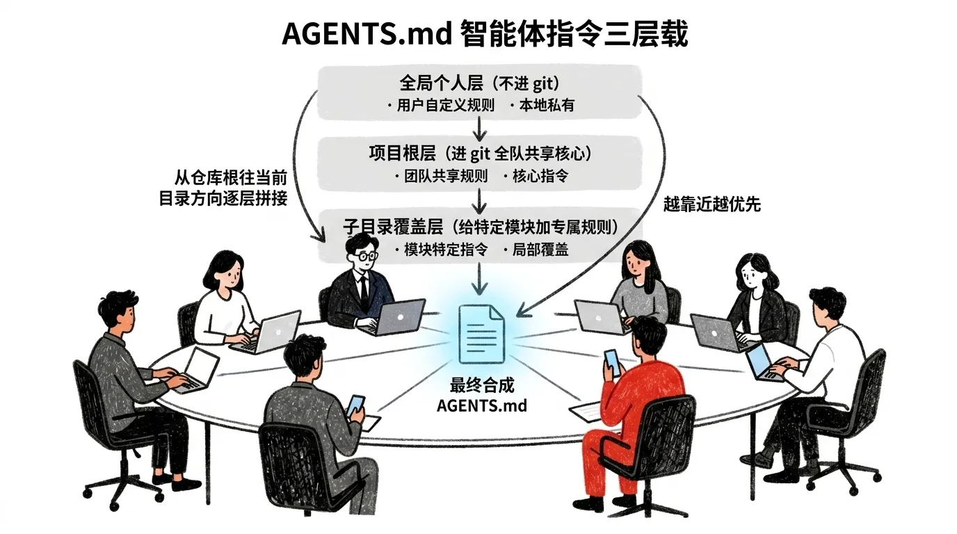 共享 AGENTS.md 智能体指令文件的三层加载示意:全局个人层不进 git、项目根层进 git 作为全队共享核心、子目录覆盖层给特定模块加专属规则,从仓库根往当前目录方向逐层拼接、越靠近越优先