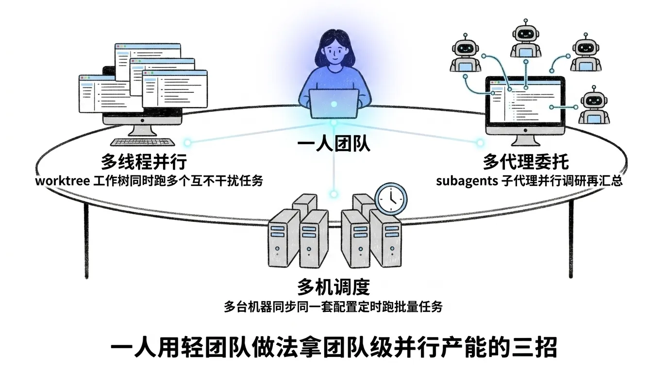 一个人用轻团队做法拿团队级并行产能的三招:多线程并行用 worktree 工作树同时跑多个互不干扰任务、多代理委托用 subagents 子代理并行调研再汇总、多机调度让多台机器同步同一套配置定时跑批量任务