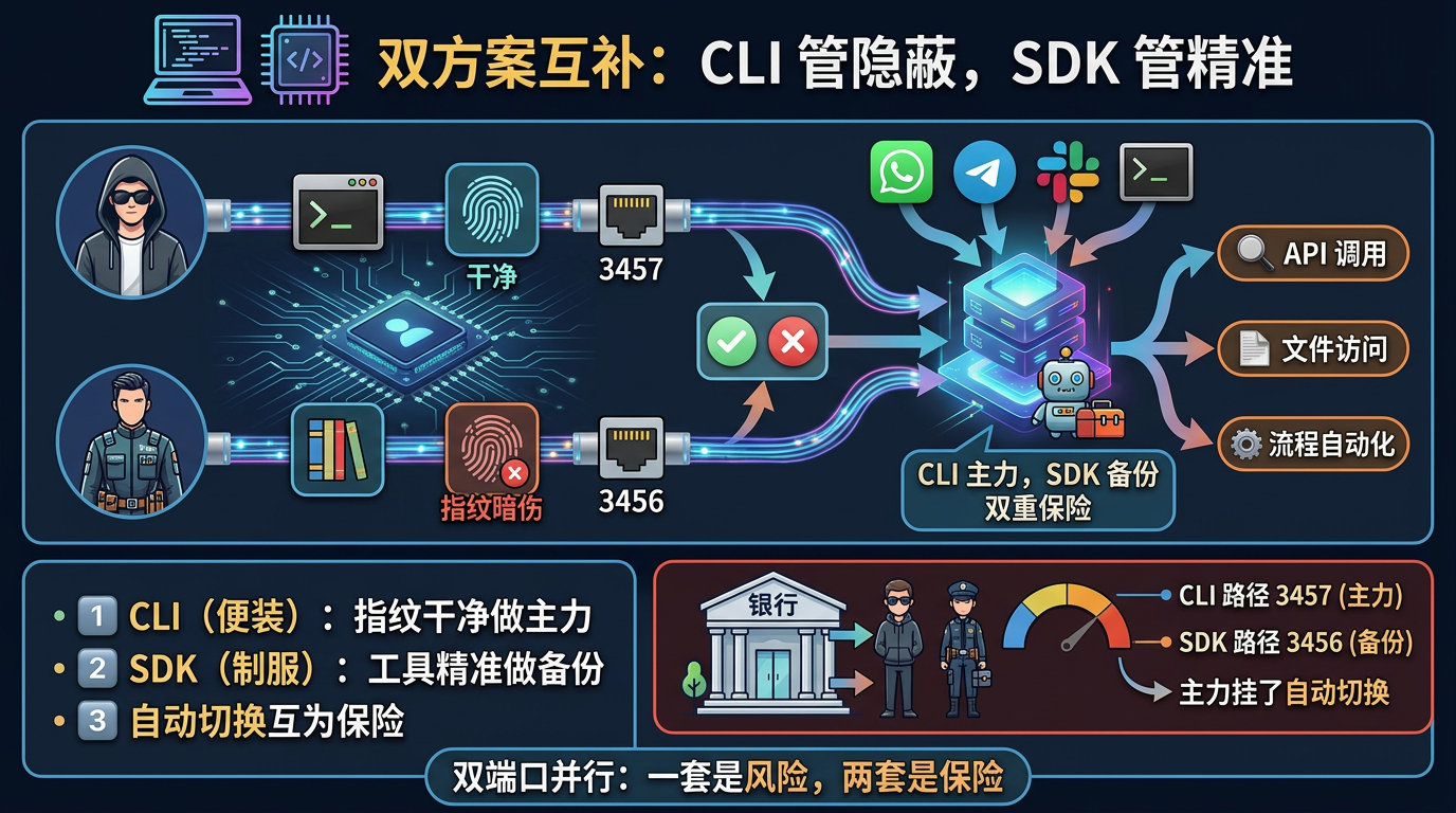双方案互补：CLI 管隐蔽，SDK 管精准