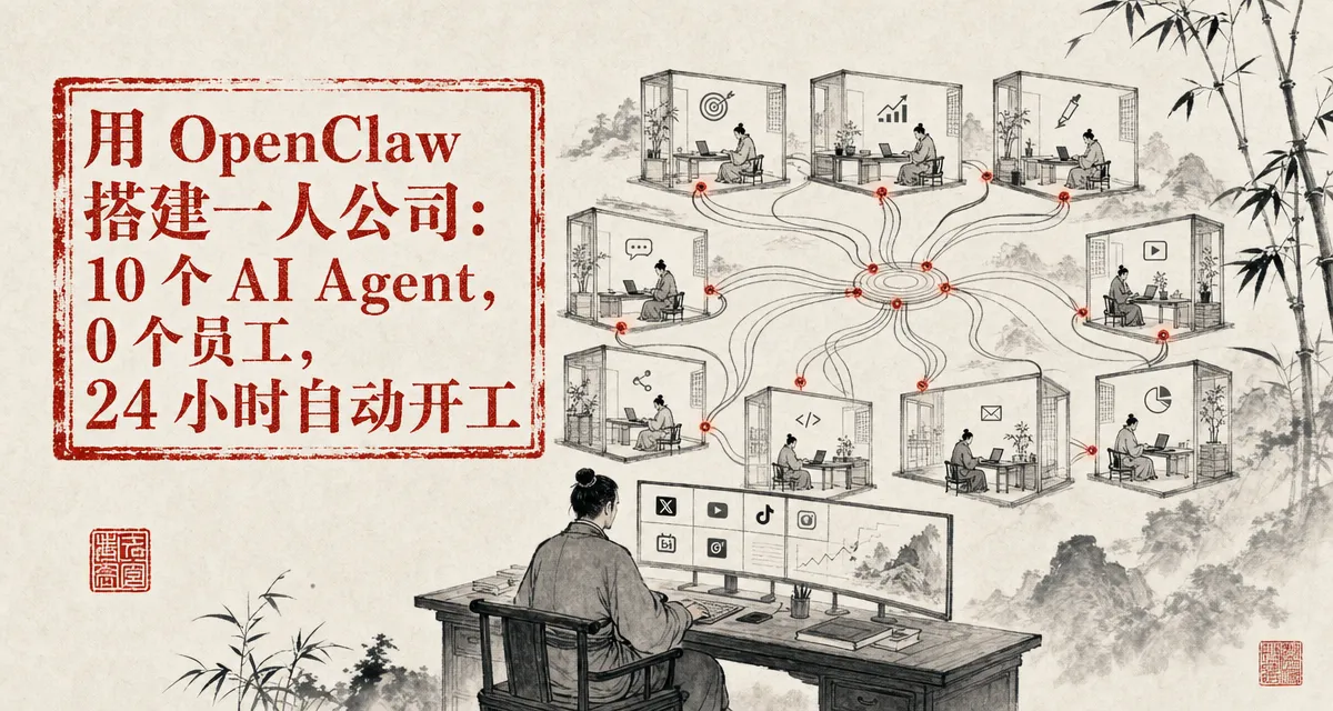 OpenClaw 一人 AI 公司封面：10 个专精 Agent 组成的多部门协作架构，从上下文污染到分工协作的转变