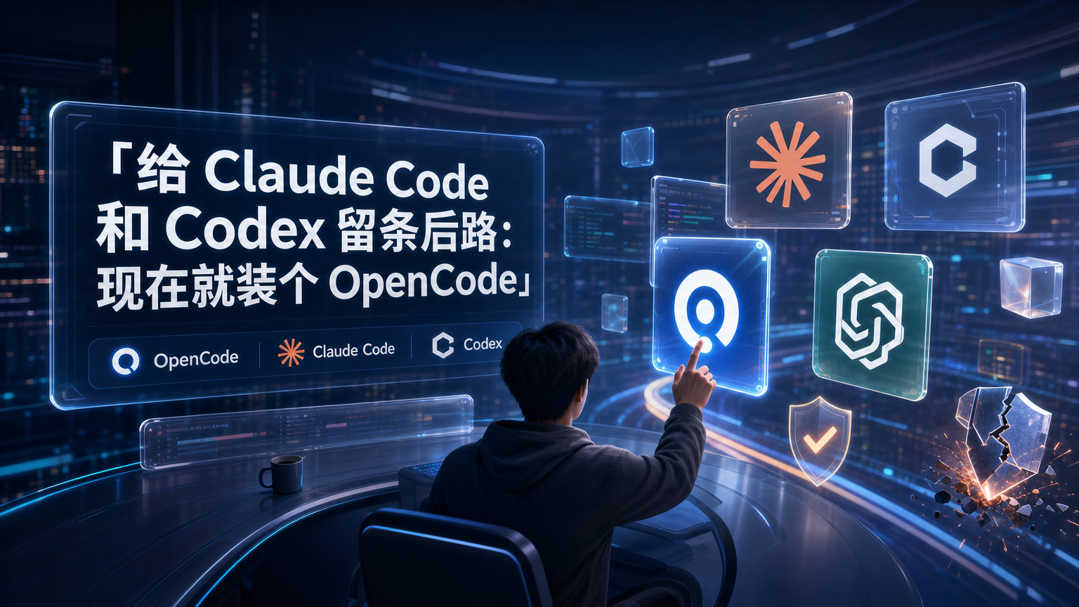 OpenCode 与 Claude Code、Codex 三个 AI 编程工具图标，蓝紫科技风封面，主题为给主力工具留一条后路