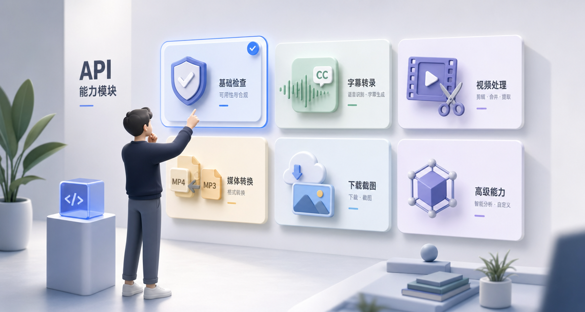 NCA Toolkit 常用接口按检查、转录、视频处理、下载和高级能力分组