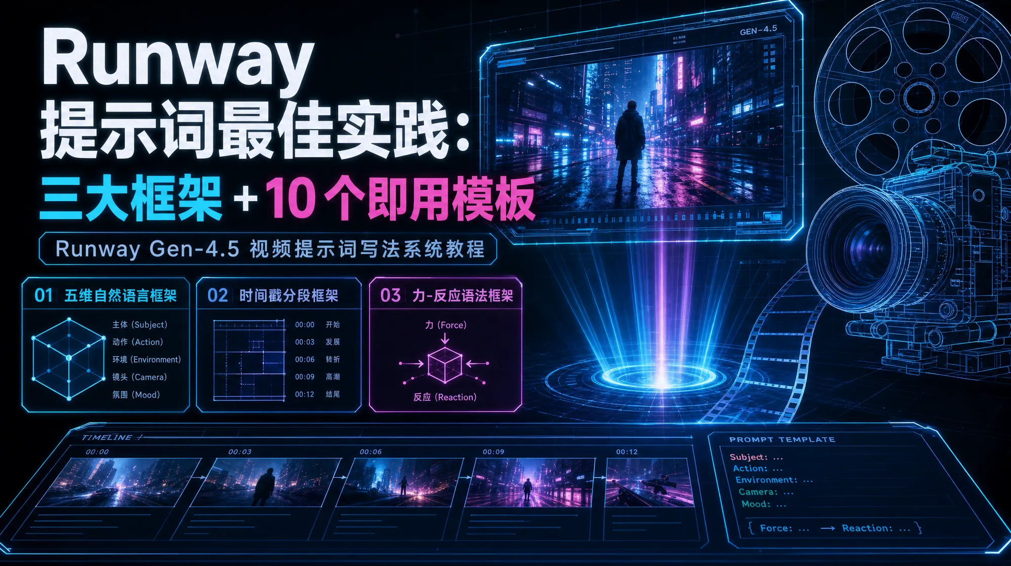 Runway Gen-4.5 视频提示词完全指南封面图：八层框架和十个模板