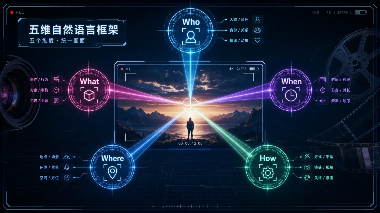 Runway 五维自然语言框架示意:用谁、什么、何时、哪里、如何五个维度构建完整的视频提示词结构