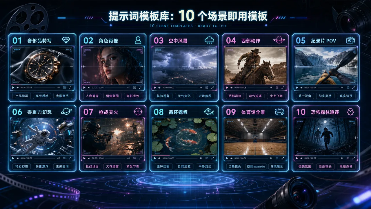 Runway 提示词模板库覆盖十大创作场景:产品广告、人物叙事、风景航拍、动作场面等类型