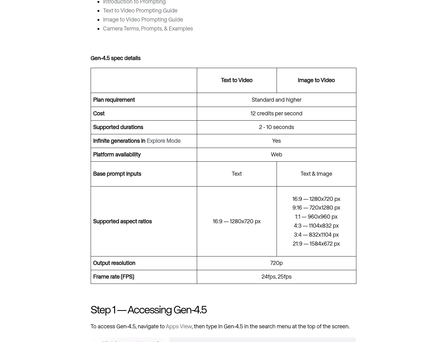 Runway Gen-4.5 规格详情和模型访问界面:展示 Text to Video 与 Image to Video 两种模式的参数对比表和模型选择入口
