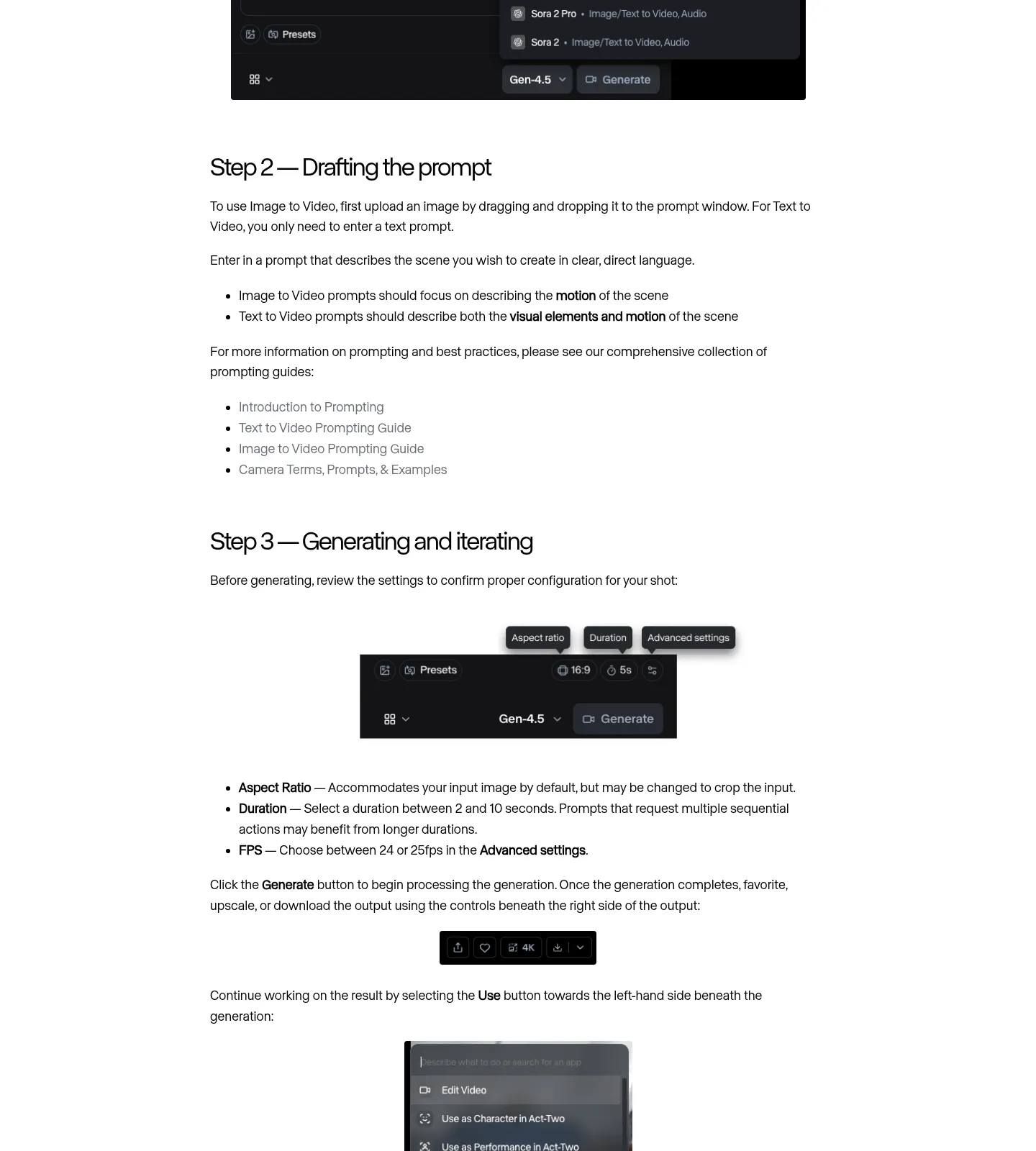 Runway 提示词编写与生成设置界面:展示 Image to Video 和 Text to Video 的提示词区别说明,以及 Aspect ratio、Duration、Generate 按钮等生成控制选项
