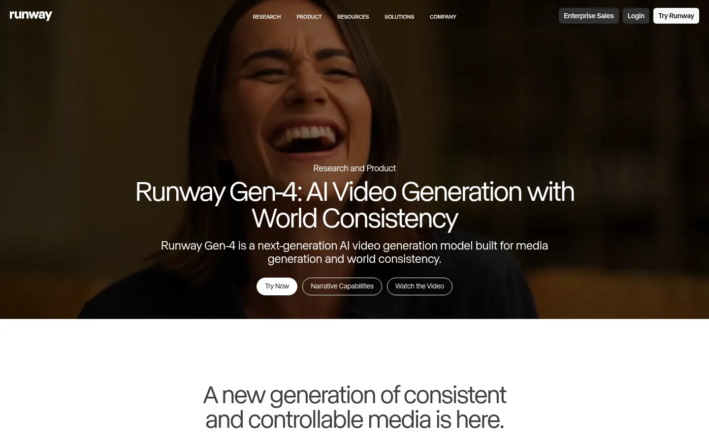 Runway Gen-4 研究页面:展示 AI Video Generation with World Consistency 的产品介绍和视频生成效果示例