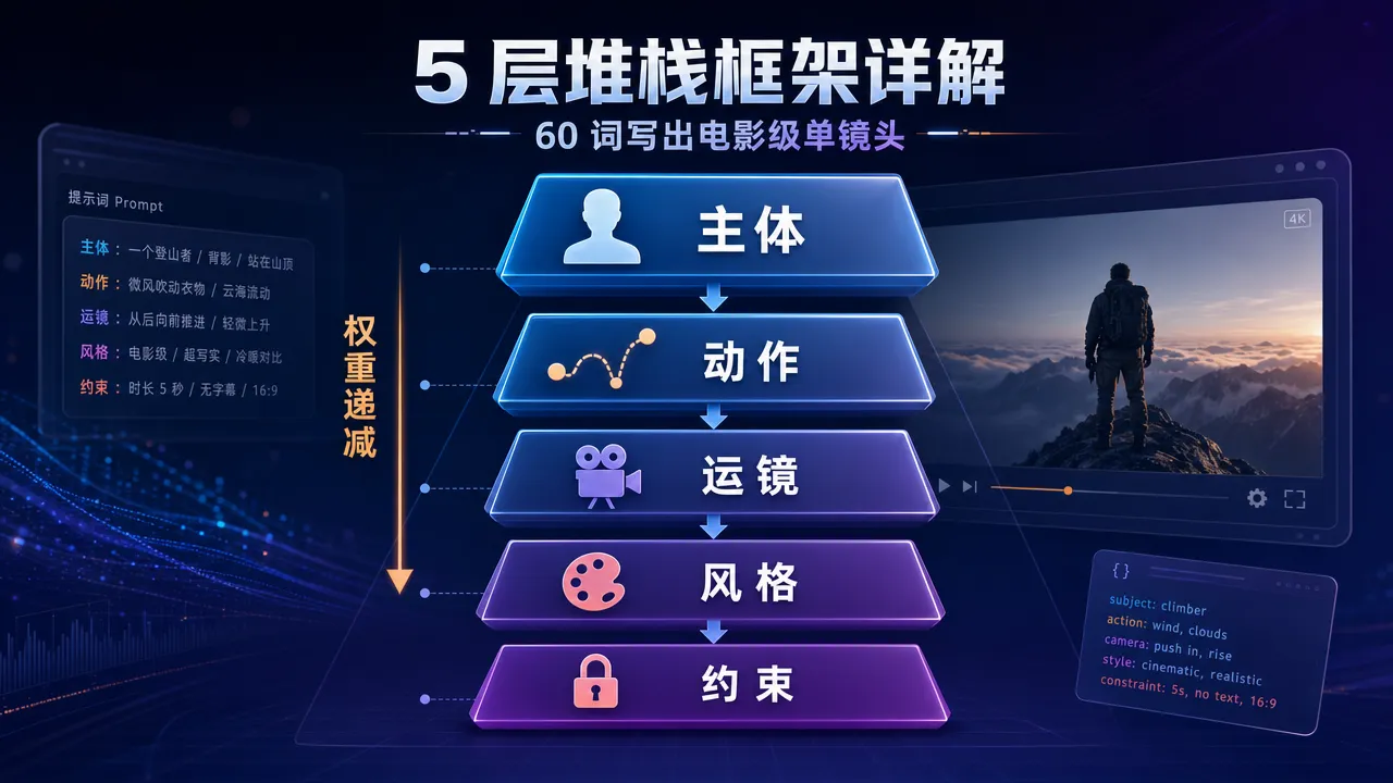 即梦 5 层堆栈框架:主体、动作、运镜、风格、约束五层按权重递减排列