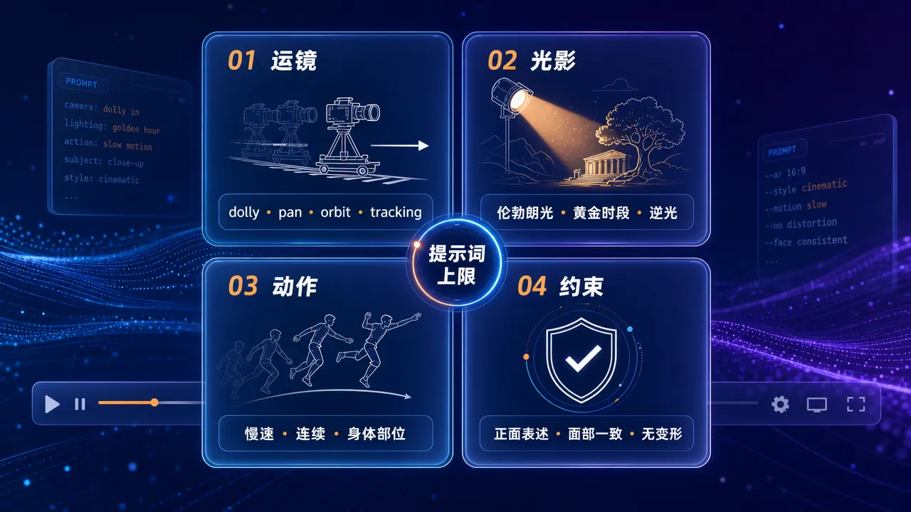 即梦提示词核心技巧:运镜、光影、动作与约束词四大技术维度