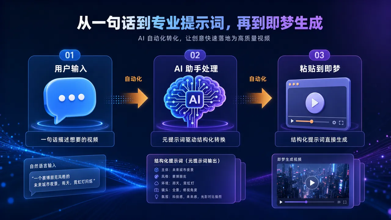 元提示词工作流程:用户一句话描述到 AI 助手生成结构化提示词再粘贴到即梦生成视频